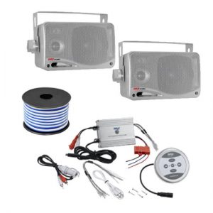 Pyle KTHSP410S 600 Watts Marine Sound System with Bluetooth Amplifier(Silver),3.5" 3 Way Mini Box Speaker(Silver) and Speaker Wire (KTHSP410S)