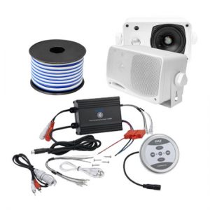 Pyle KTHSP410 600 Watts Marine Sound System with Bluetooth Amplifier(Black),3.5" 3 Way Mini Box Speaker(White) and Speaker Wire (KTHSP410W)