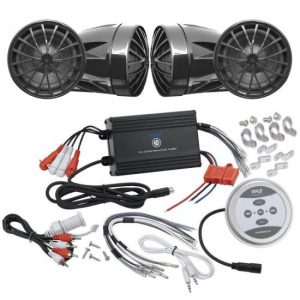 Pyle KTHSP420 1200 Watts Motorcycle/ATV/Snowmobile Sound System with Bluetooth Amplifier(Black),handle-bar Mount Weatherproof 2.25'' Speakers(Black), Wires and Adapter Cables (KTHSP420)