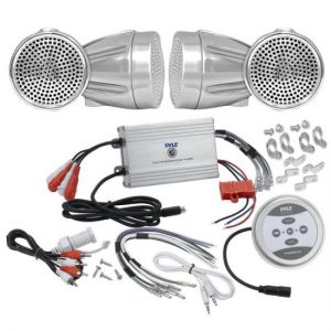 Pyle KTHSP430 1200 Watts Motorcycle/ATV/Snowmobile Sound System with Bluetooth Amplifier(Silver),handle-bar Mount Weatherproof 2.25'' Speakers(Silver), Wires and Adapter Cables (KTHSP430)