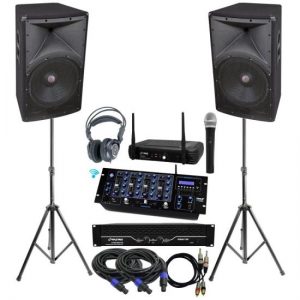 Pyle KTHSP470 Complete D.J. System with Rack Mount 2100 Watts Power Amplifier, 12'' 2 - Way Speaker Cabinet, 4 Channels Mixer Build-In Bluetooth,Handheld Wireless Microphone,DJ Headphones, Tripod Speaker Stand,Speakers Cables and Audio Cables (KTHSP470)