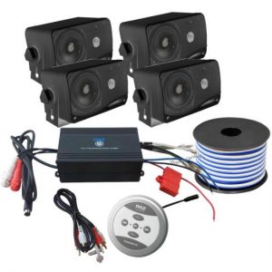 Bluetooth Marine 1200 Watt 4-Channel Amplifier w/ 4 x 3.5" 200 Watt 3-Way Weather Proof Mini Box Speakers & 18 Gauge 50 FT Stereo Marine Grade Speaker Wire (KTMBT7B)