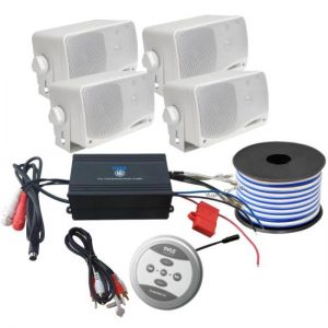 Bluetooth Marine 1200 Watt 4-Channel Amplifier w/ 4 x 3.5" 200 Watt 3-Way Weather Proof Mini Box Speakers & 18 Gauge 50 FT Stereo Marine Grade Speaker Wire (KTMBT7S)