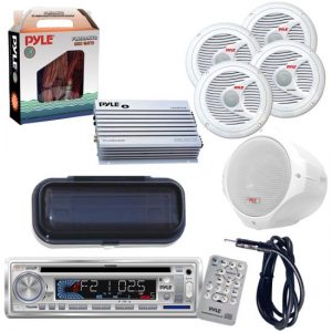 In-Dash Marine CD/MP3 USB SD AM/FM Receiver Headunit + Pair of 200W 6.5'' Wake Board Speakers + 4 x 150W 6.5'' Marine Speakers + 2 Channel 400 Watt Waterproof Marine Amplifier + 20 FT Marine Grade 8 Gauge Amplifier Installation Kit, Stereo Cover & Antenna (KTMRA9SP)