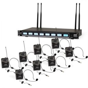 8-Ch. Wireless Microphone System, UHF Microphone Receiver Kit with (8) Beltpacks, (8) Headset Mics, (8) Lavalier Mics, Rack Mount (PDWM8374)