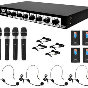 8 Channel Wireless Microphone System - Rack Mountable with 4 Lavalier Mics, 4 Headsets, & 4 Handheld Mics (PDWM8700)