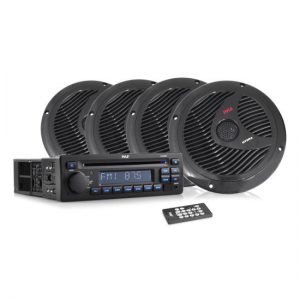 Stereo Radio Headunit Receiver & Speaker Kit, Aux (3.5mm) MP3 Input, USB Flash & SD Card Readers, CD Player, Remote Control, Includes (4) Waterproof 6.5'' Speakers, Single DIN (Black) (PLCD4MRKT)