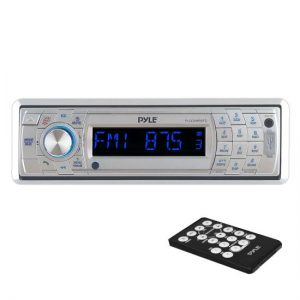 Bluetooth Stereo Radio Headunit Receiver, Wireless Streaming & Call Answering, Aux (3.5mm) MP3 Input, CD Player, USB Flash & SD Card Readers, Remote Control, Detachable Face, Single DIN (Silver) (PLCD5MRBTS)