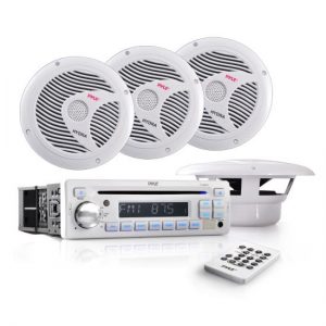 Stereo Radio Headunit Receiver & Waterproof Speaker Kit, Aux (3.5mm) MP3 Input, USB/MP3 Reader, CD Player, Remote Control, Includes (4) 6.5'' Speakers, Single DIN (White) (PLCD8MRKT)