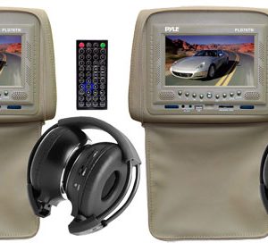 Pair of Adjustable Headrests w/ Built-In 7'' TFT/LCD Monitor w/ Built in DVD Player & IR/FM Transmitter With Cover (Tan Color) (RBPLD76TN)