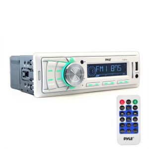 Stereo Radio Headunit Receiver, Aux (3.5mm) MP3 Input, USB Flash & SD Card Readers, Remote Control, Single DIN (White) (PLMR88W)