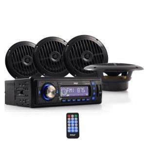 Stereo Radio Headunit Receiver & Speaker Kit, Aux (3.5mm) MP3 Input, USB Flash & SD Card Readers, Remote Control, Includes (4) Waterproof 6.5'' Speakers, Single DIN (Black) (PLMRKT14BK)