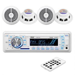 Stereo Radio Headunit Receiver & Speaker Kit, Aux (3.5mm) MP3 Input, USB Flash & SD Card Readers, Remote Control, Includes (4) Waterproof 6.5'' Speakers, Single DIN (White) (PLMRKT34WT)