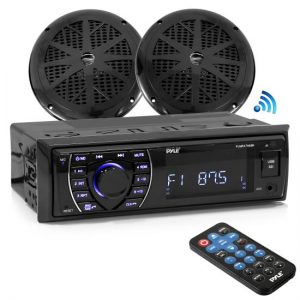 Bluetooth Marine Receiver Stereo & Speaker Kit, Hands-Free Calling, Wireless Streaming, MP3/USB/SD Readers, AM/FM Radio, (2) 5.25” Waterproof Speakers (Black) (PLMRKT46BK)