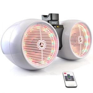 Dual Marine Tower Speakers, Wakeboard Water Resistant Sound System, Built-in Programmable Multi-Color LED Lights, 6.5'' Tower Speakers, 400 Watt, Remote Control, White (PLMRWB652LEW)