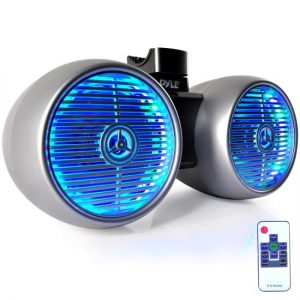 Dual Marine Tower Speakers, Wakeboard Water Resistant Sound System, Built-in Programmable Multi-Color LED Lights, 600 Watt 8'' Tower Speakers, Remote Control, Silver (PLMRWB852LES)