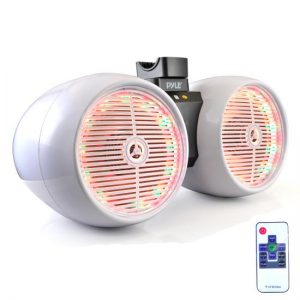 Dual Marine Tower Speakers, Wakeboard Water Resistant Sound System, Built-in Programmable Multi-Color LED Lights, 600 Watt 8'' Tower Speakers, Remote Control, White (PLMRWB852LEW)