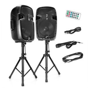 Active + Passive PA Speaker System Kit - Dual Loudspeaker Sound Package, 12'' Subwoofers, Bluetooth Wireless Streaming, Includes (2) Speaker Stands, Wired Microphone, Remote Control, 1800 Watt (PPHP1249KT)