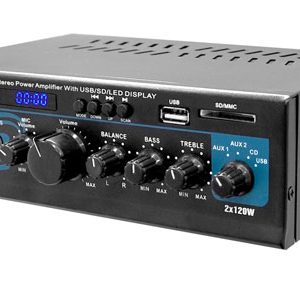 Stereo Power Amplifier - 2 x 120 Watt with Blue LED Display, USB/SD/MMC CARD, AUX, CD & Mic Inputs (PTAU55)