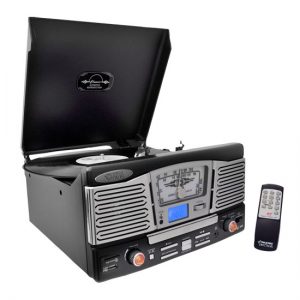 Retro Style Turntable Plays AM/FM Radio, MP3/WMA via USB/SD Card Readers, and Vinyl-to-MP3 Encoding Function (Black) (PTCD8UB)