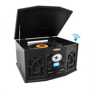 Vintage Classic-Style Bluetooth Turntable Record Player with Vinyl-to-MP3 Recording Ability, CD Player, AM/FM Radio (PTCDS7UBTB)