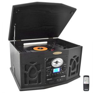 Vintage Classic-Style Turntable System with Built-in Speakers, AM/FM Radio, CD & Cassette Players, USB/SD Readers, Vinyl-to-MP3 Recording (PTCDS7UIB)
