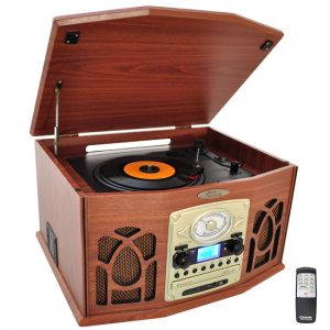 Vintage Classic-Style Turntable System with Built-in Speakers, AM/FM Radio, CD & Cassette Players, USB/SD Readers, Vinyl-to-MP3 Recording (PTCDS7UIW)