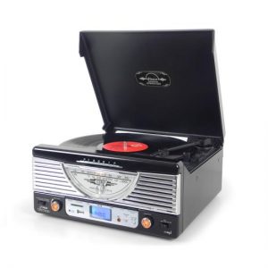 Retro Turntable with AUX Input/Radio/USB/SD/MP3 and Vinyl-to-MP3 Encoding (Black) (RBPTR8UB)