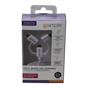 Alternative view of PAC Isimple Universal 3.3' Charging/Sync cable White has Lightning/Micro-USB/Type A USB IS9406WH